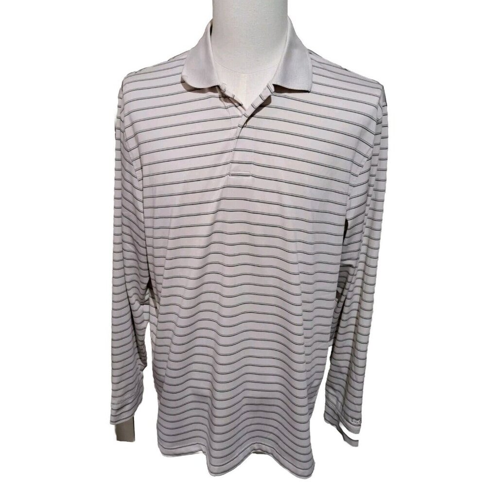 Izod Mens Polo Shirt Large Long Sleeve Striped Beige Blue Brown Extreme Function